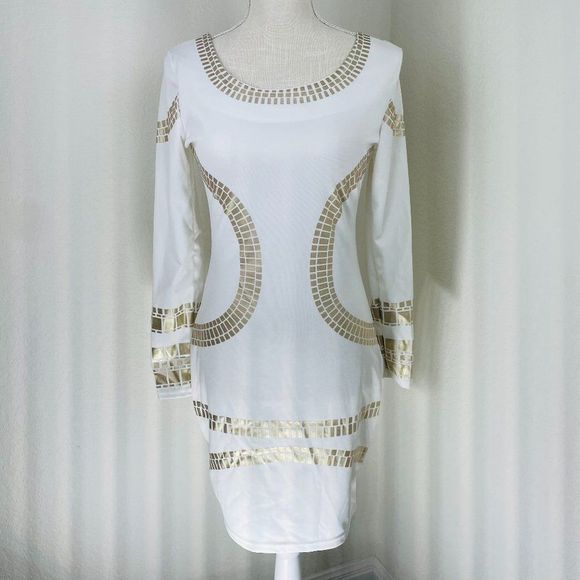 Acevog Dresses & Skirts - Acevog White Gold Printed Long Sleeve Bodycon Mini Dress S